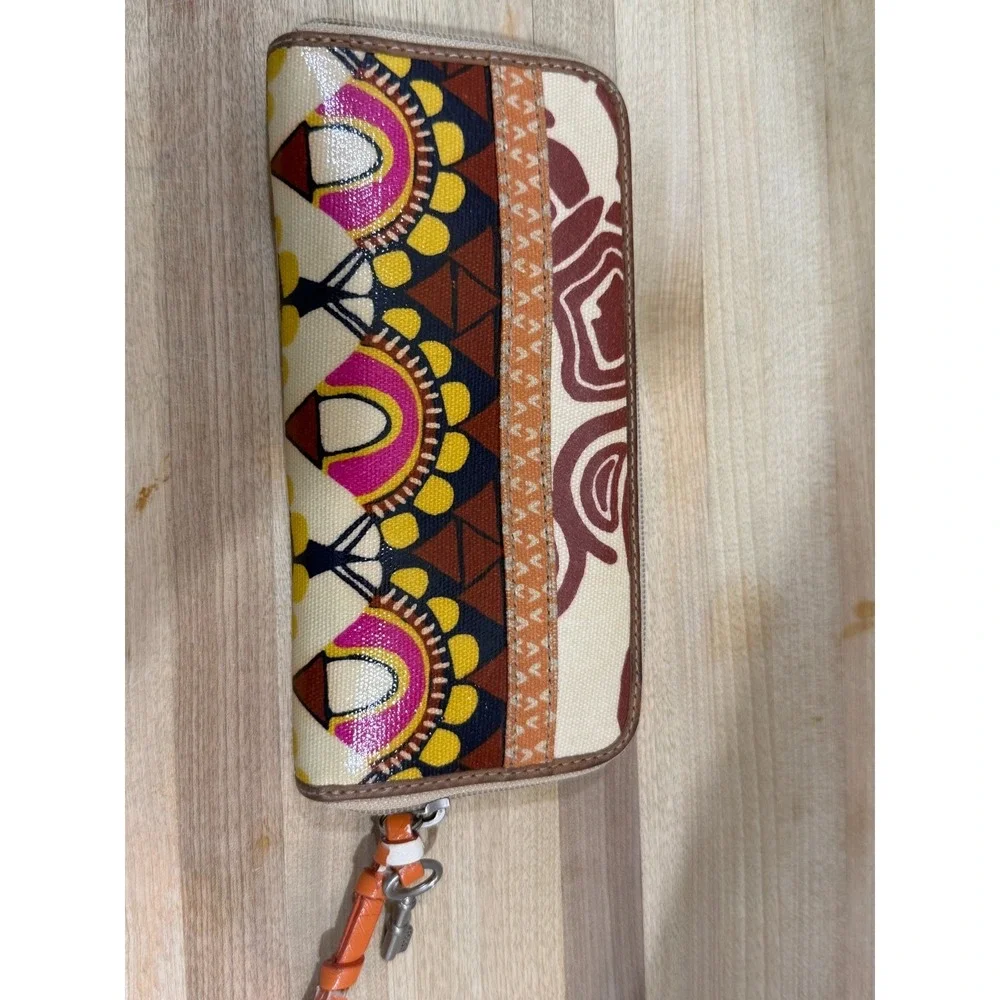 Fossil Key-Per Zip Around Wristlet Card Wallet Coated Canvas Southwest